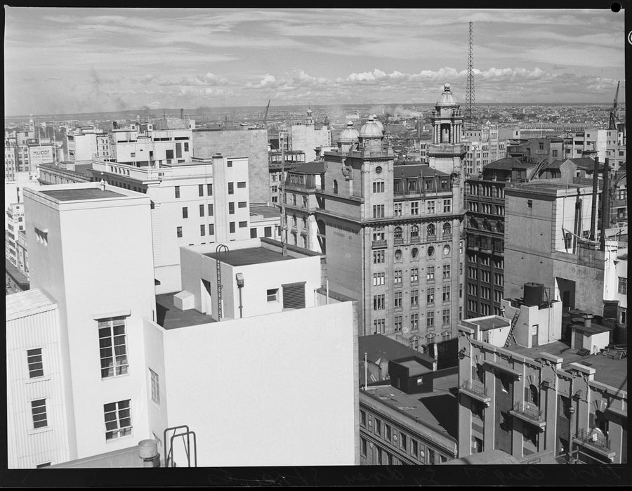 Sydney rooftops with Bank of New South Wales signage, 1951 — photograph, from Sydney central business district, NSW, circa 1951