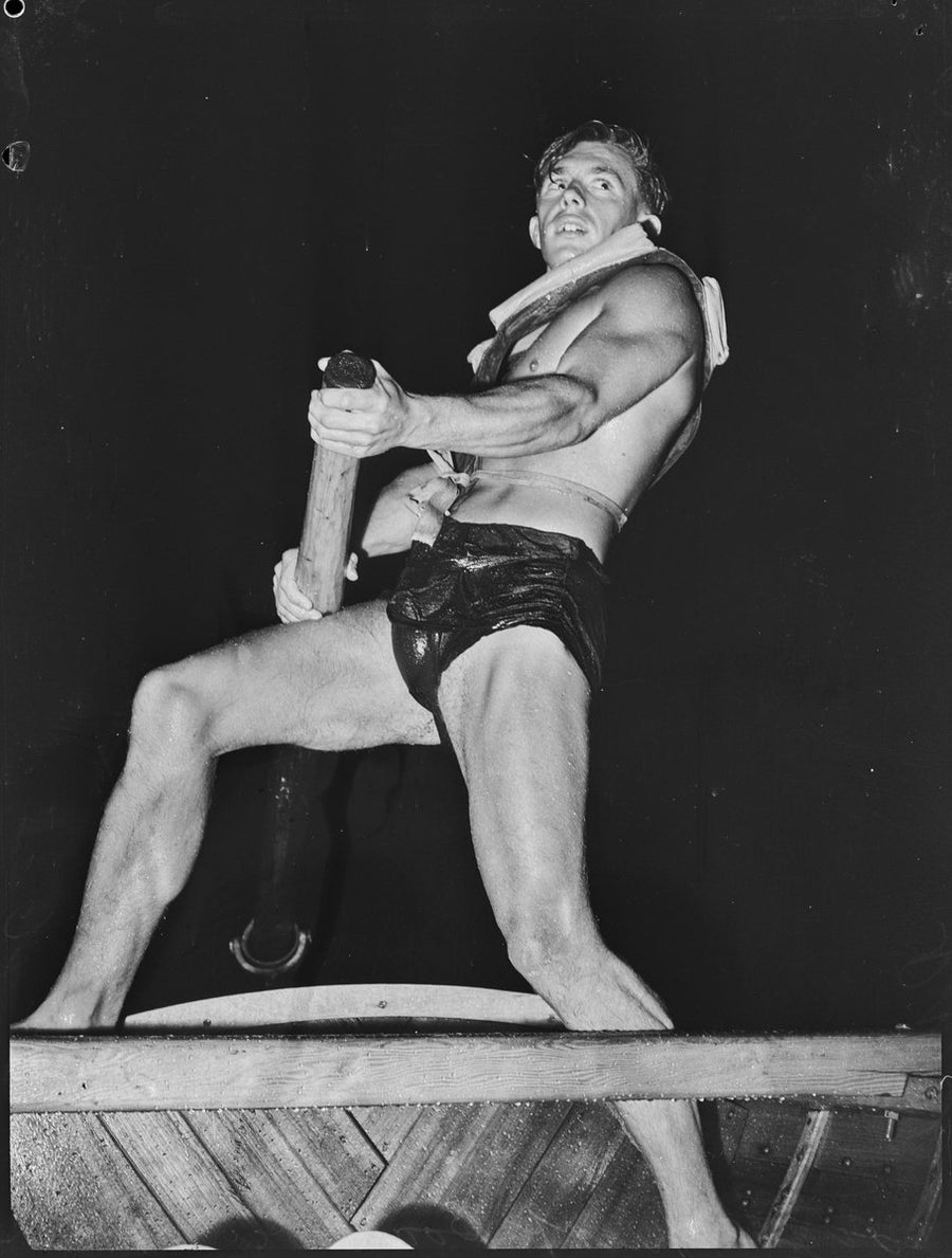 Coogee surf boat crewman at oar, night training, 1946 — photograph, from Coogee Beach, circa 1946
