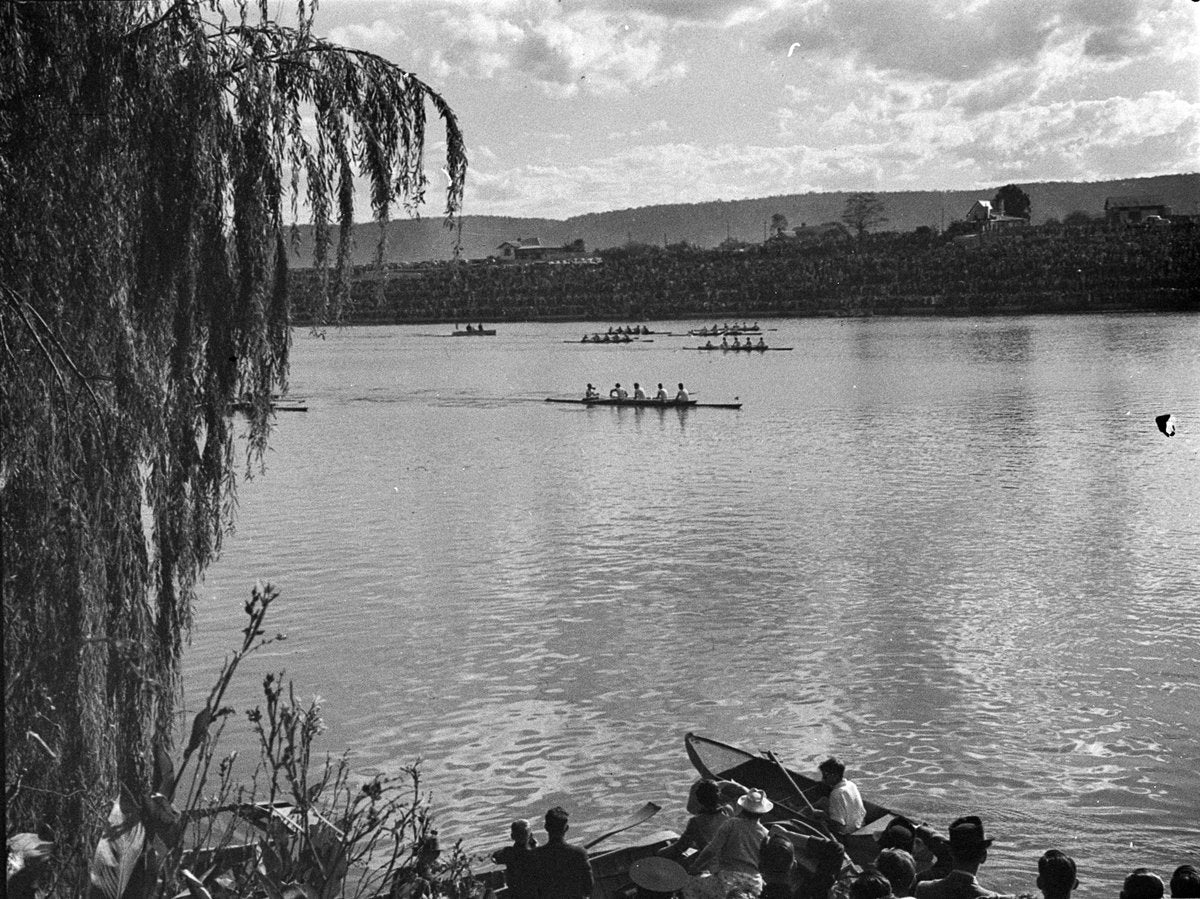 GPS regatta fours on the Nepean River, Penrith, 1940 — photograph, from Penrith, circa 1940