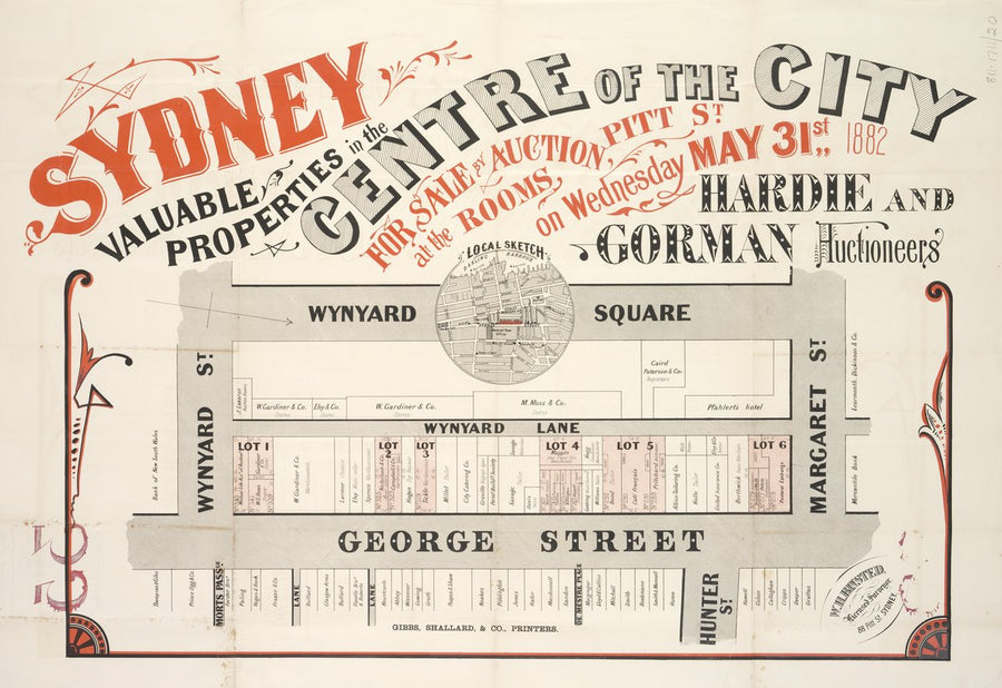 Hardie & Gorman auction plan: George Street frontages between Wynyard and Margaret Streets, 1882 — map, from George Street between Wynyard Street and Margaret Street, Sydney (Wynyard), circa 1882