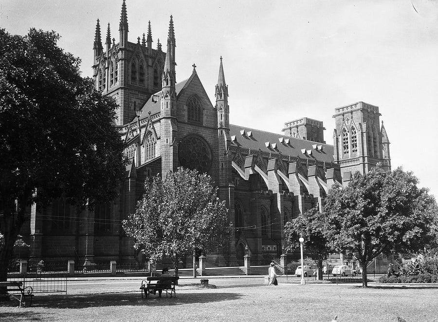 St Mary's Cathedral from Hyde Park, Sydney — photograph, from St Mary's Cathedral, c. 1940