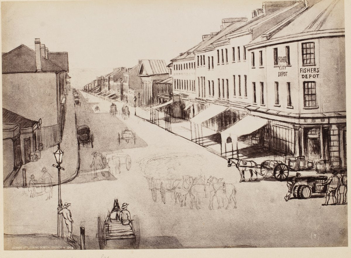 George Street looking north from King Street, Sydney, 1842 — photograph, from George Street, Sydney (looking north from King Street), circa 1870