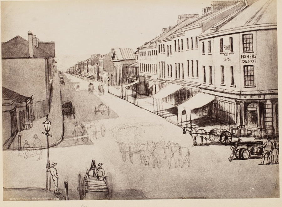 George Street looking north from King Street, Sydney, 1842 — photograph, from George Street, Sydney (looking north from King Street), circa 1870