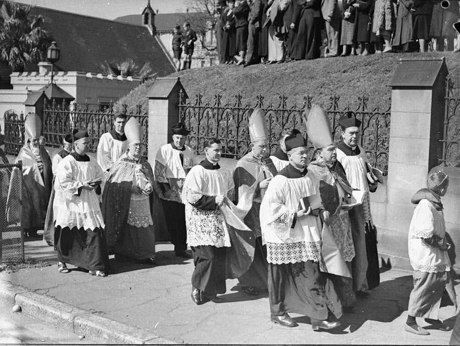 Bishops in procession at the Fourth Plenary Council, St Mary's Cathedral — photograph, from St Mary's Cathedral, circa 1937