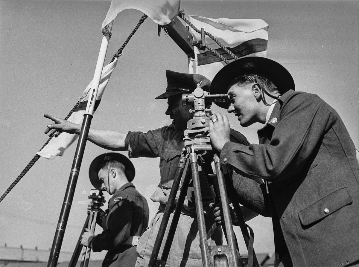 Army recruits at surveying instruction, Marrickville depot — photograph, from Marrickville, circa 1948