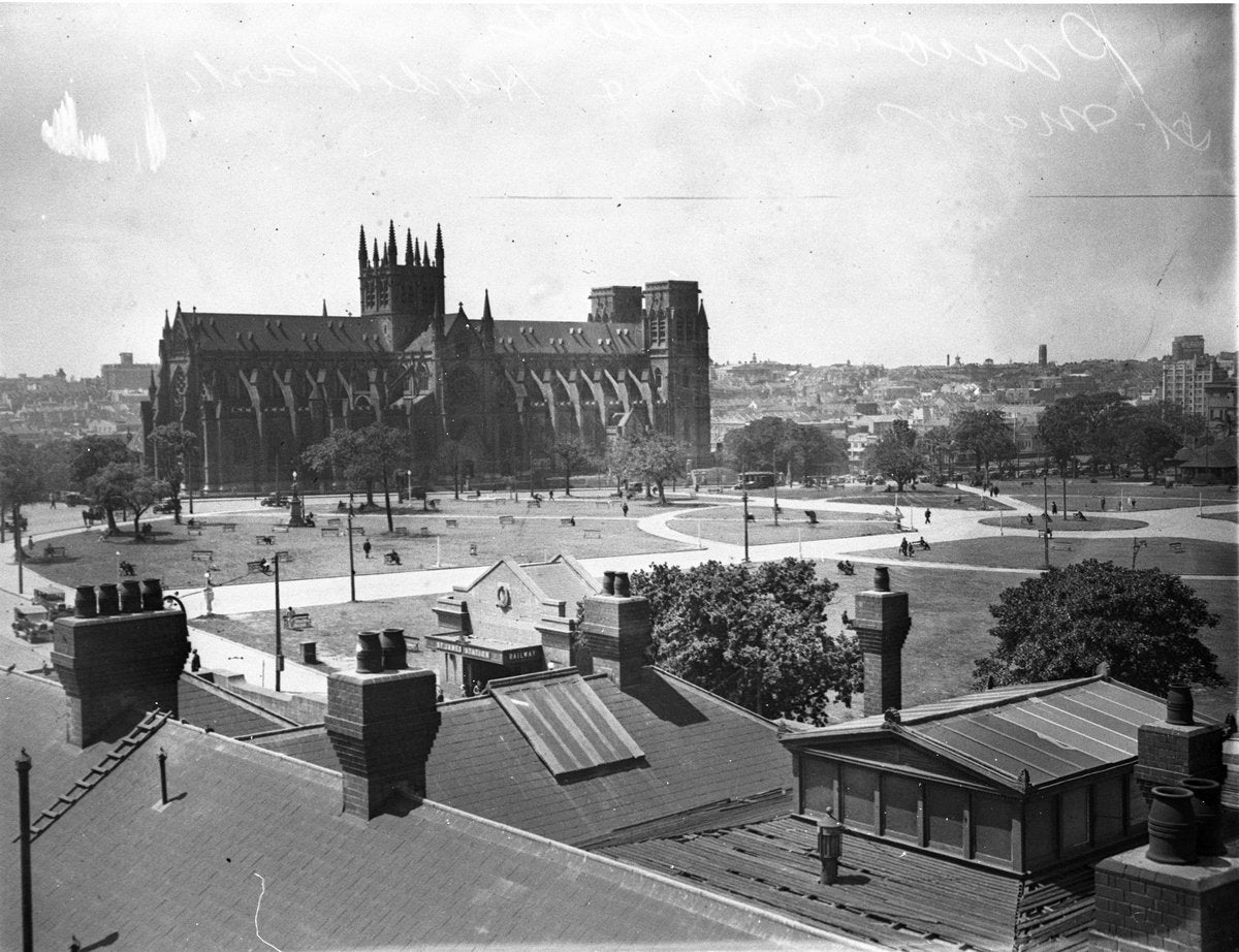 St Mary's Cathedral and Hyde Park from the Supreme Court roof, 1930 — photograph, from Hyde Park, circa 1930