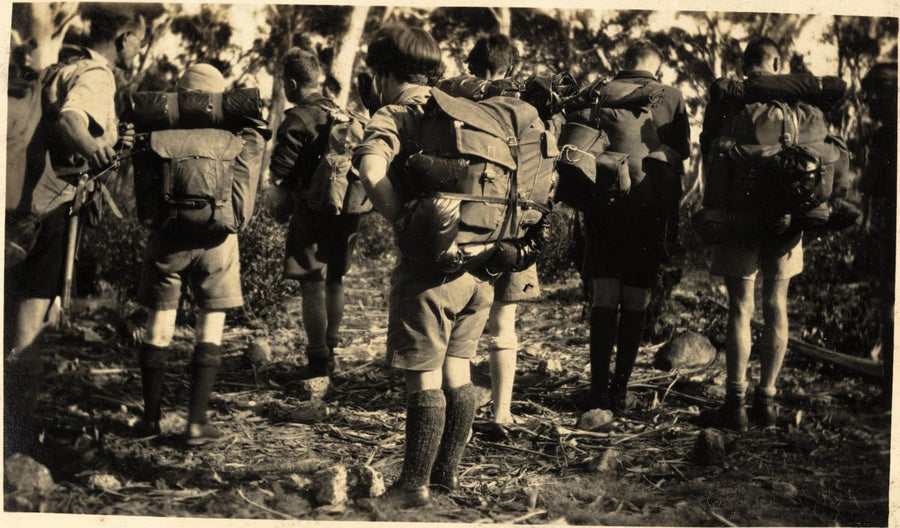 Bushwalkers carrying full rucksacks on the Jenolan to Wombeyan Caves track — photograph, circa 1928