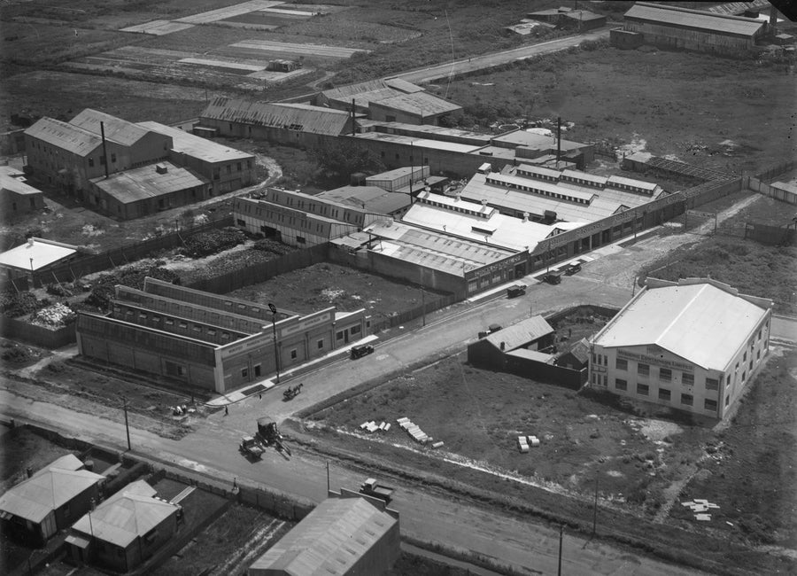 Century Storage Battery Co and neighbouring works from the air — photograph, from Alexandria, circa 1930