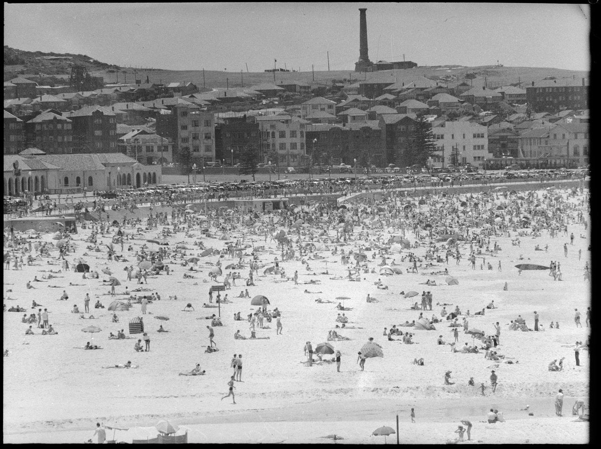 Summer crowds on Bondi Beach — photograph, from Bondi Beach, NSW, circa 1950