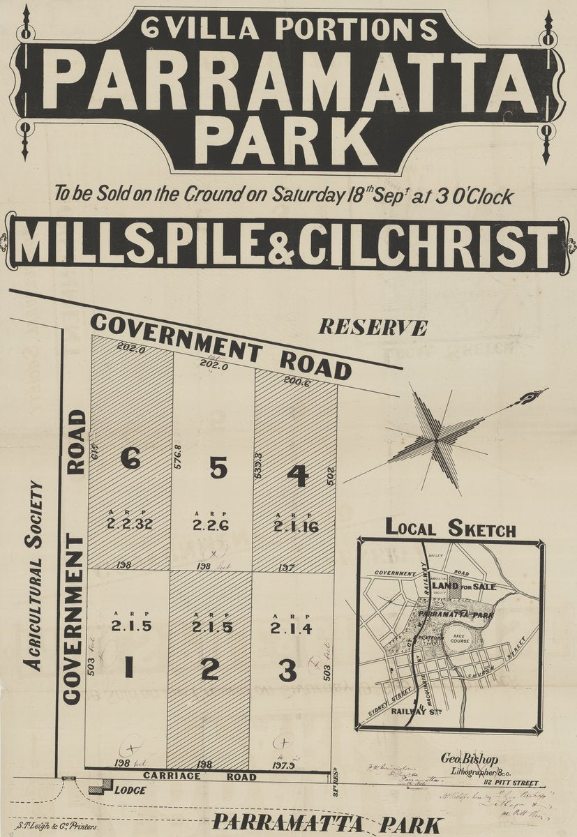 Six villa portions fronting Parramatta Park — Mills, Pile & Gilchrist auction plan — map, from Parramatta Park, circa 1836