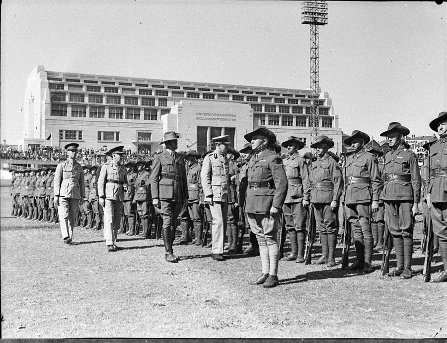 Military parade on opening day of the 1940 Sydney Royal Easter Show, Moore Park — photograph, from Sydney Showground, Moore Park, Sydney, circa 1940