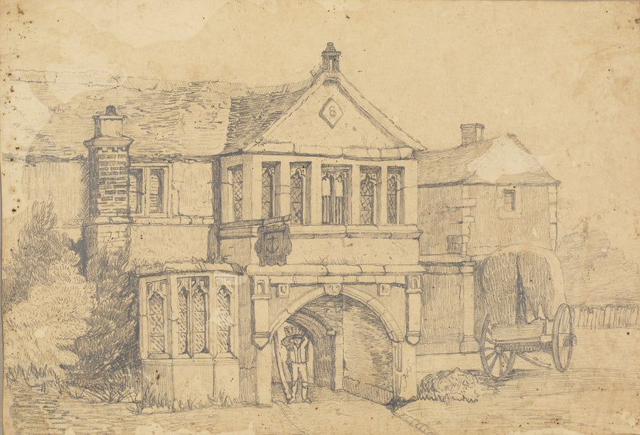 Pencil sketch of a stone gatehouse with covered wagon, European scene — illustration, circa 1843