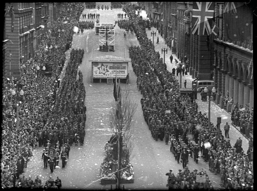 Victory march through central Sydney, August 1945 — photograph, from Central Sydney, New South Wales, circa 1945