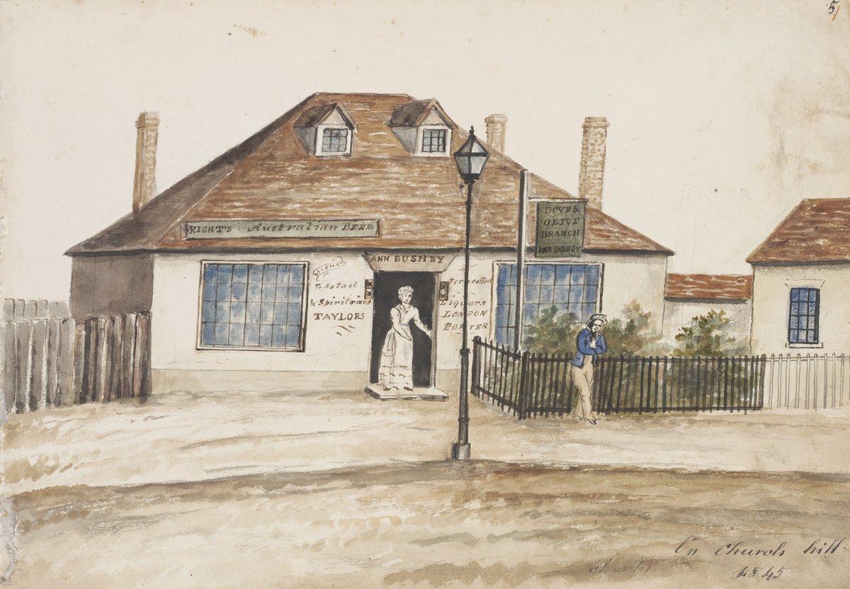 Dove and Olive Branch public house, Church Hill, Sydney, 1845 — illustration, from St Philip's Anglican Church, circa 1845