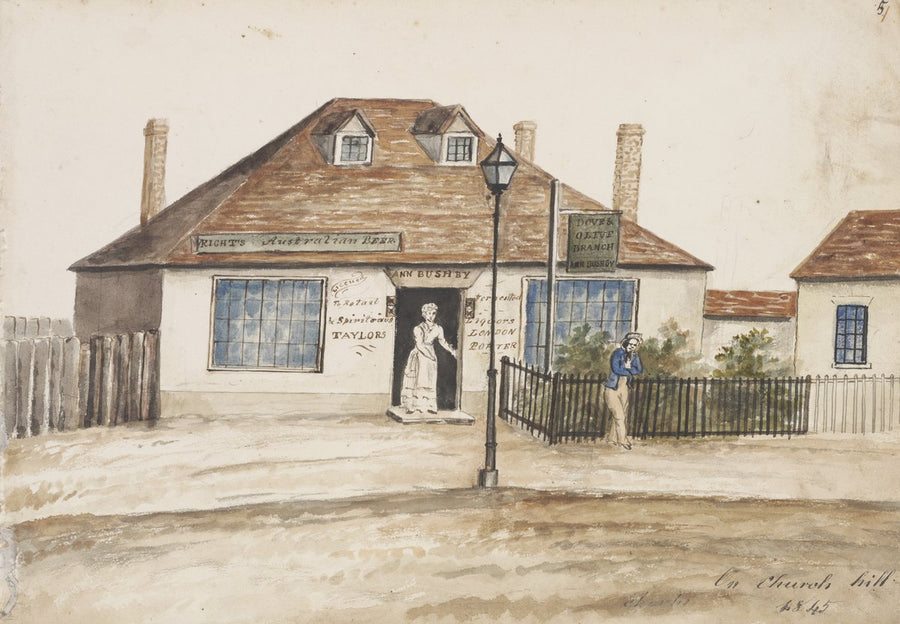 Dove and Olive Branch public house, Church Hill, Sydney, 1845 — illustration, from St Philip's Anglican Church, circa 1845