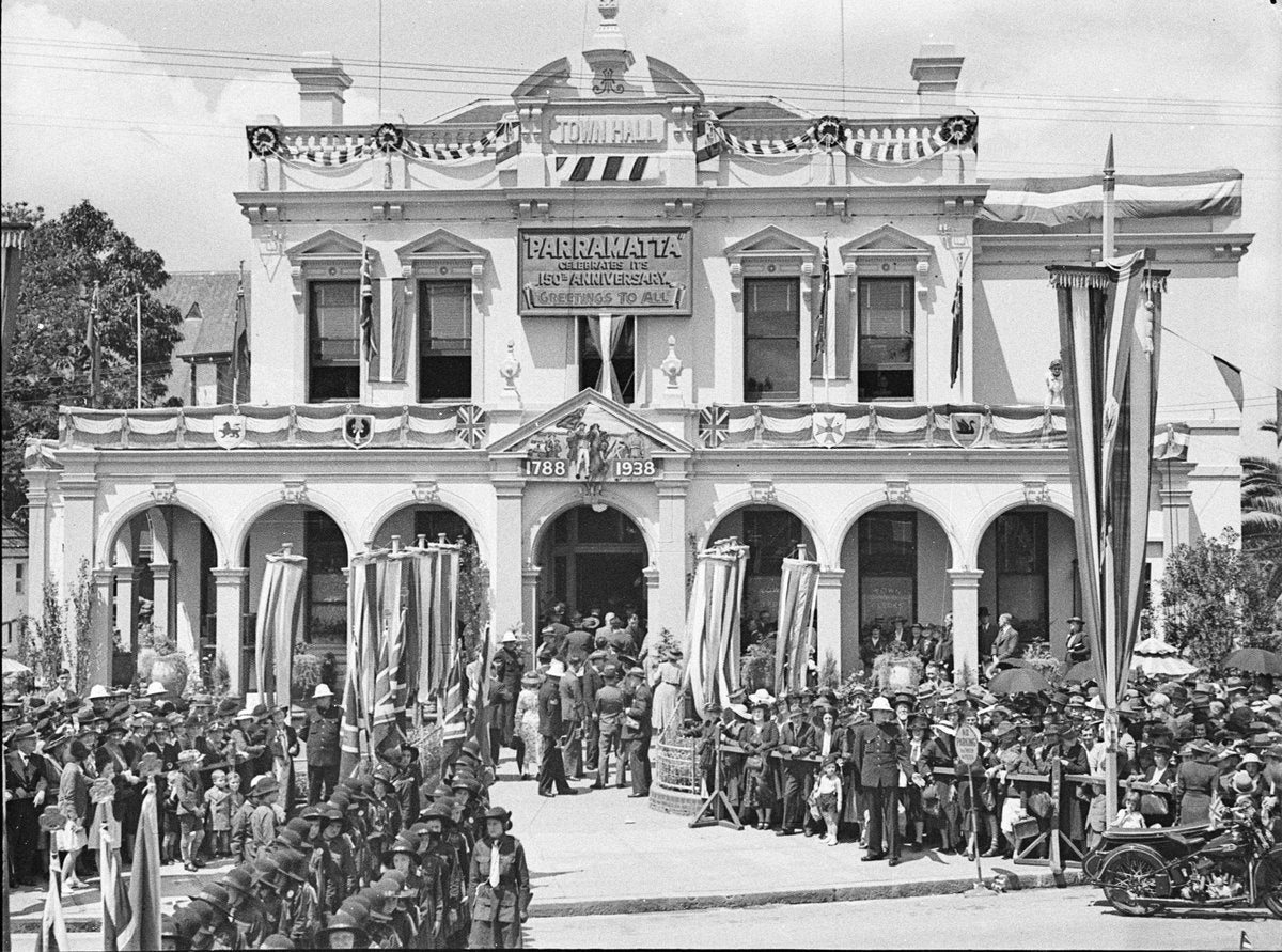 Parramatta Town Hall decorated for the 1938 Sesquicentenary — photograph, from Parramatta Town Hall, Parramatta NSW, circa 1938