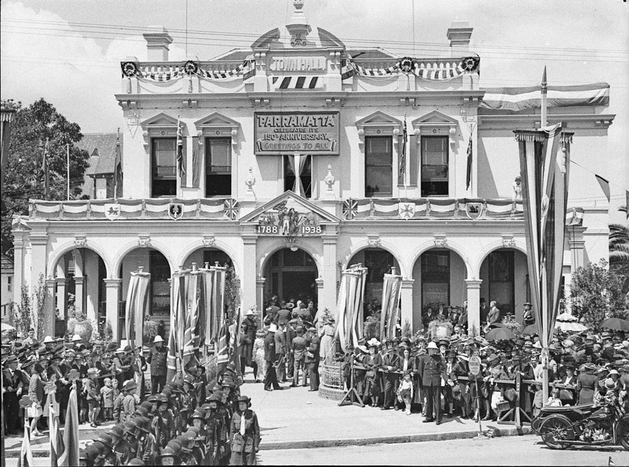 Parramatta Town Hall decorated for the 1938 Sesquicentenary — photograph, from Parramatta Town Hall, Parramatta NSW, circa 1938