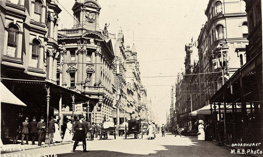 Horse-drawn traffic on George Street, Sydney — photograph, from George Street, c. 1900–27