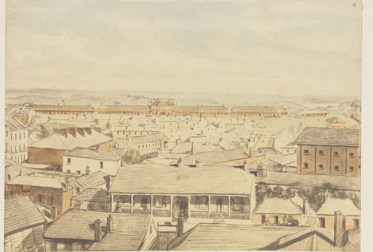 Military Barracks, George Street — later Wynyard Square — illustration, from Wynyard Park (former George Street Military Barracks), Sydney, circa 1842