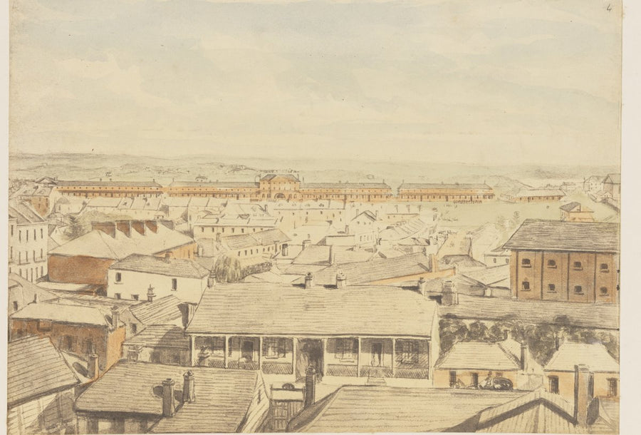 Military Barracks, George Street — later Wynyard Square — illustration, from Wynyard Park (former George Street Military Barracks), Sydney, circa 1842