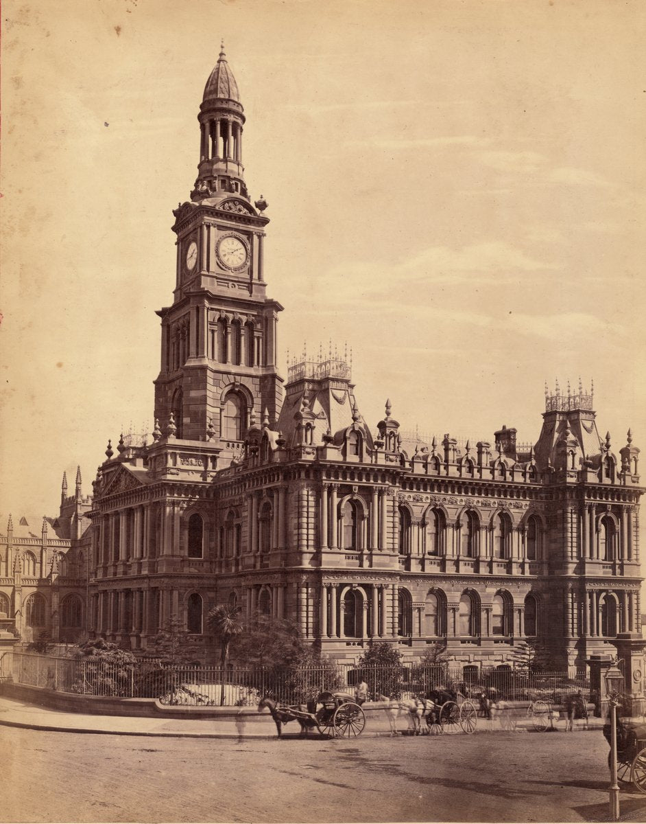 Sydney Town Hall with its completed clock tower — photograph, from Sydney Town Hall, George Street, Sydney, circa 1875