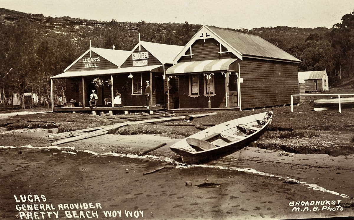 Lucas's General Provider store and hall, Pretty Beach, Woy Woy — photograph, from Pretty Beach, c. 1900–27