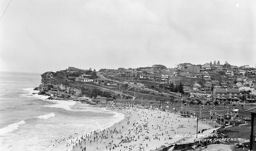 Bronte Beach crowded with bathers, postcard no. 397 — photograph, from Bronte Beach, c. 1928