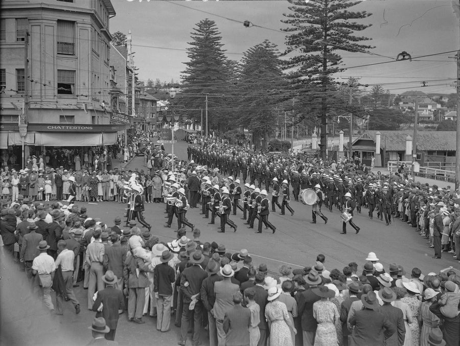 Military brass bands marching through Manly — photograph, from Manly, circa 1934
