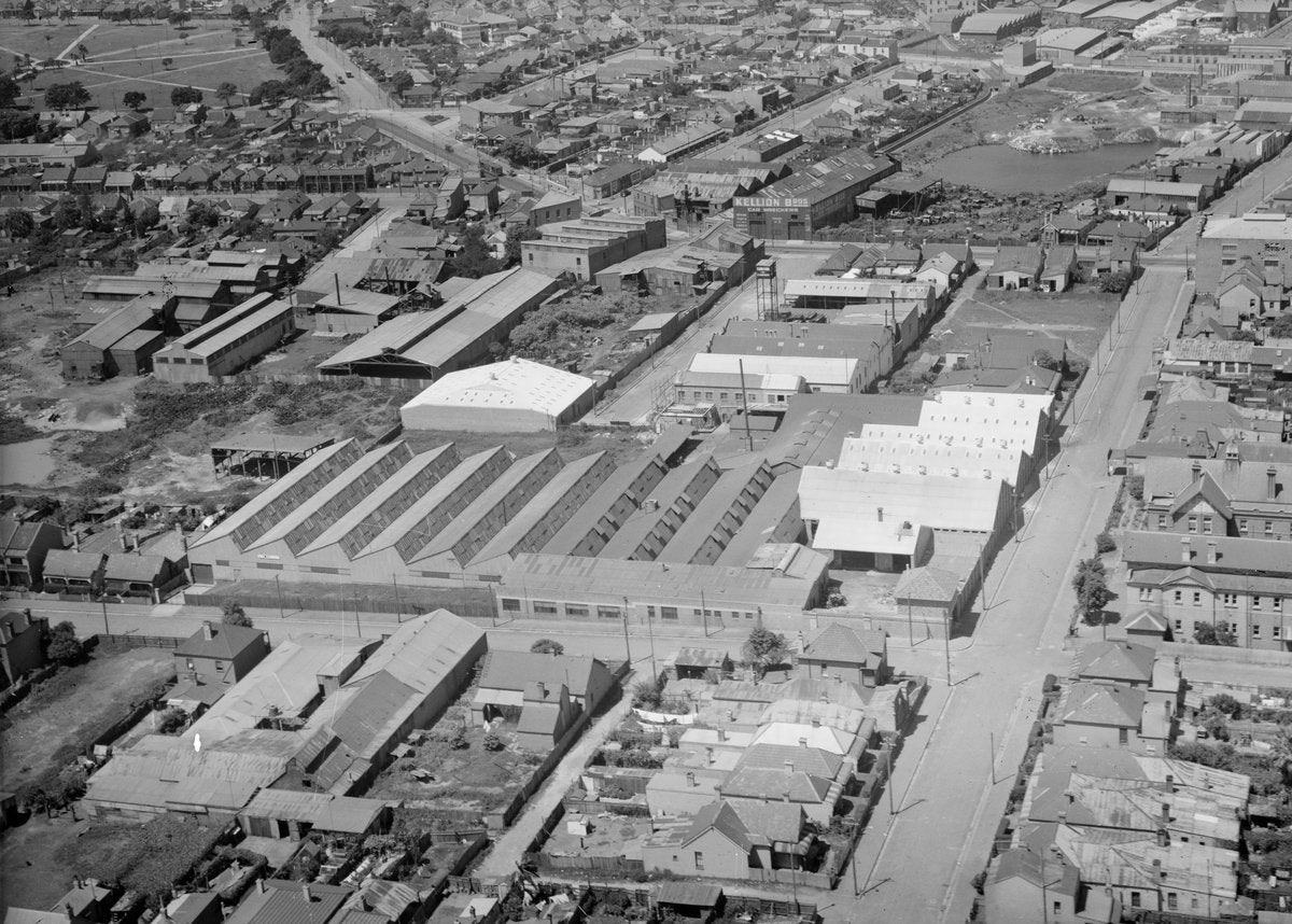 Aerial view over an industrial and terraced-housing district, after 1935 — photograph, from Marrickville, circa 1935