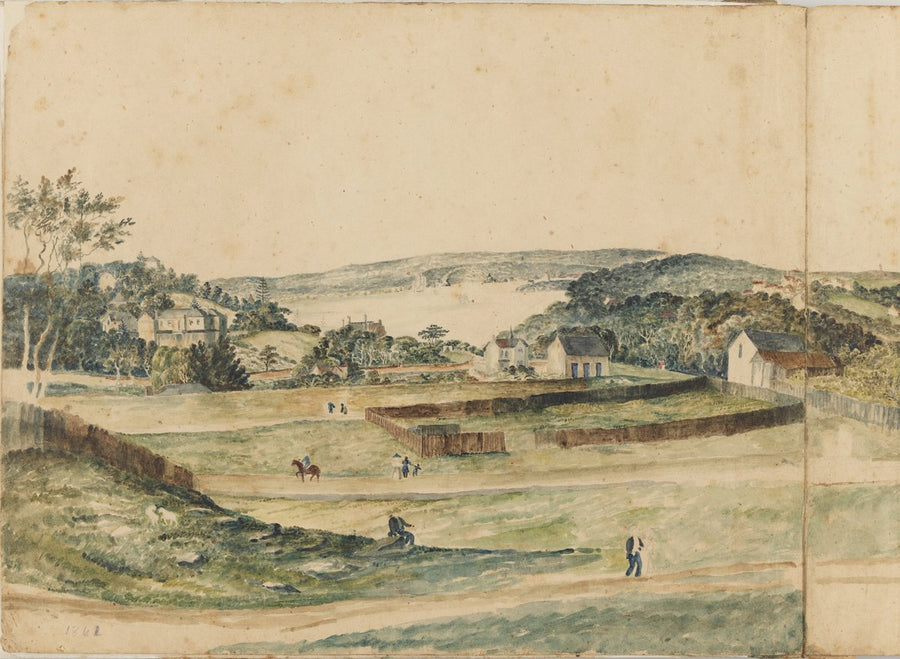 Paddocks and houses above Sydney Harbour, 1861 — illustration, circa 1861