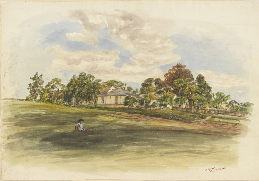 Cottage and paddock, watercolour by Samuel Elyard, October 1866 — illustration, circa 1866