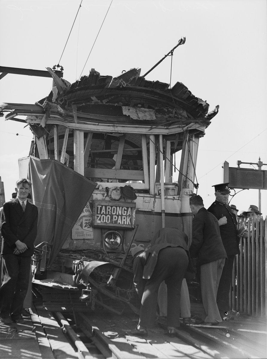 Tram smash on the Taronga Zoo Park line, September 1939 — photograph, from Taronga Zoo, circa 1939