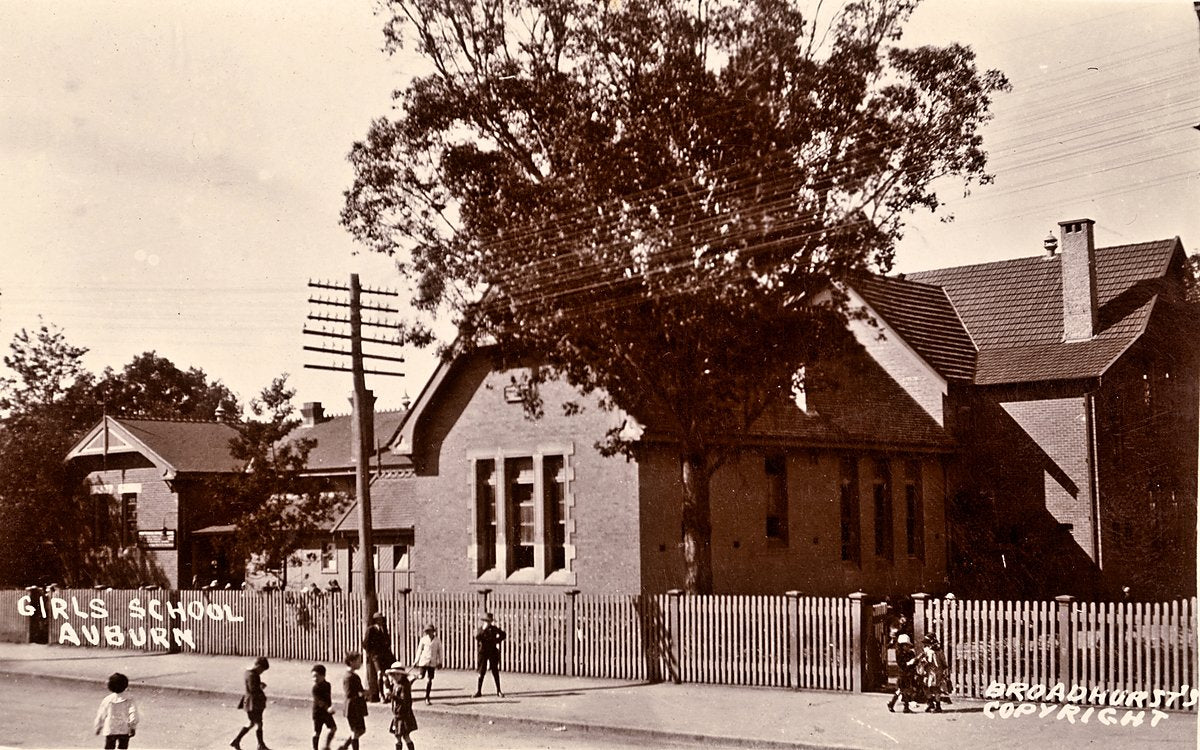 Girls School, Auburn, on its fenced street frontage — photograph, from Auburn, c. 1900–27