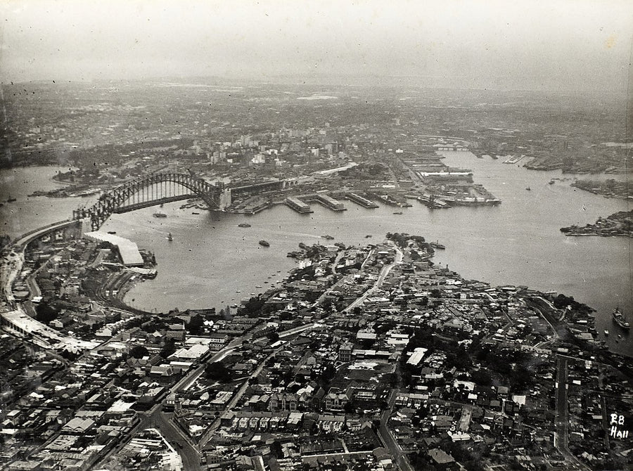 McMahons Point from the air, with the Sydney Harbour Bridge — photograph, from McMahons Point, 1939
