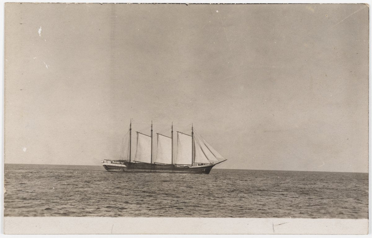 Multi-masted schooner under sail at sea — photograph, from null, circa 1888