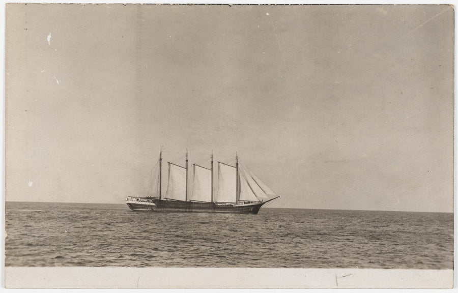 Multi-masted schooner under sail at sea — photograph, from null, circa 1888