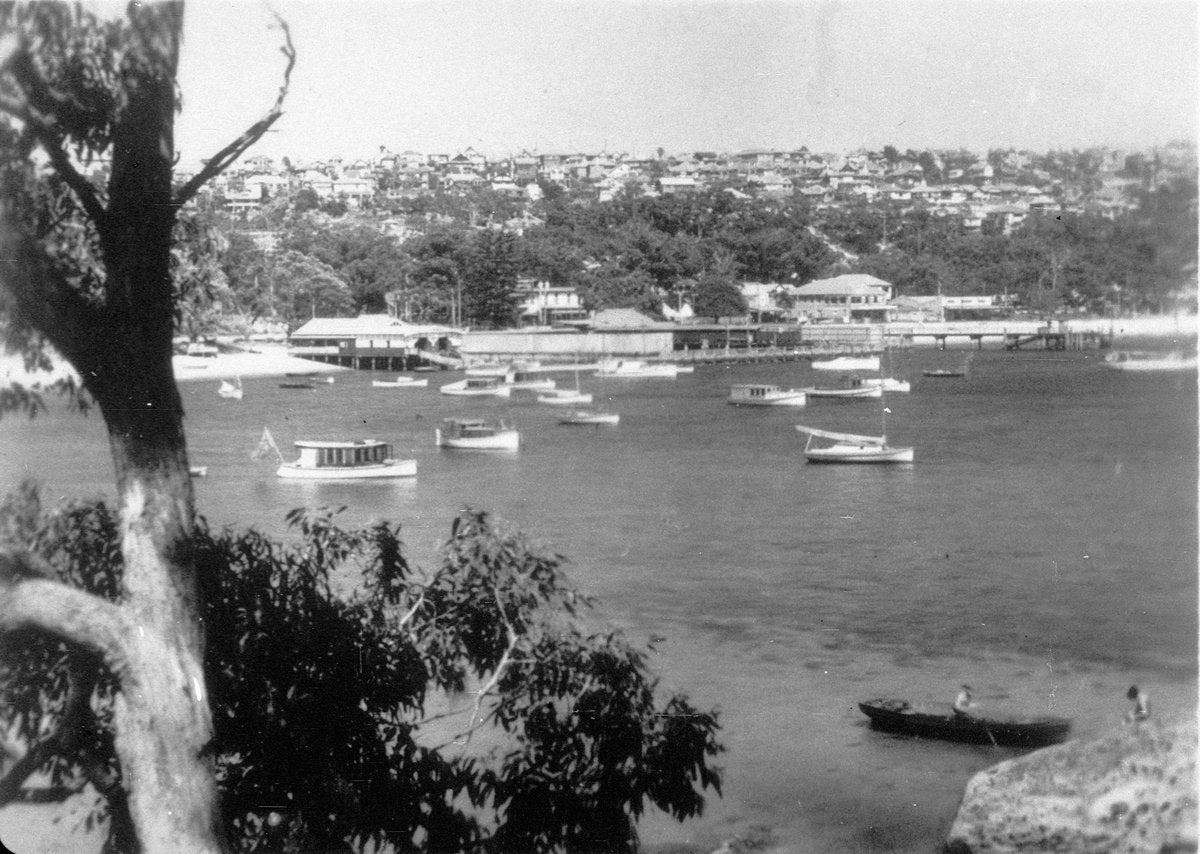Boats moored off Balmoral Beach, Mosman — photograph, from Balmoral Beach, Mosman, NSW, circa 1930
