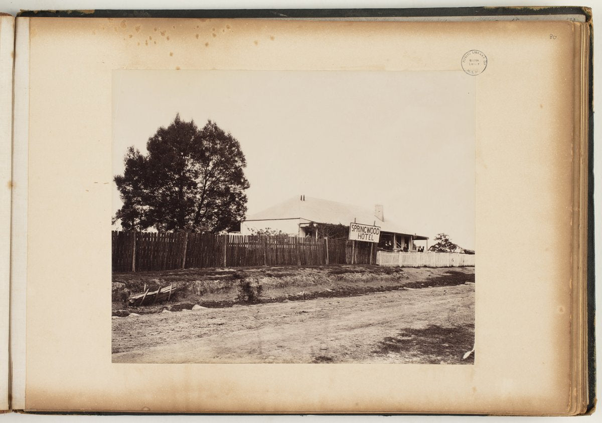 Springwood Hotel, with paling fence and dirt road — photograph, from Springwood Hotel, Springwood, New South Wales, circa 1870