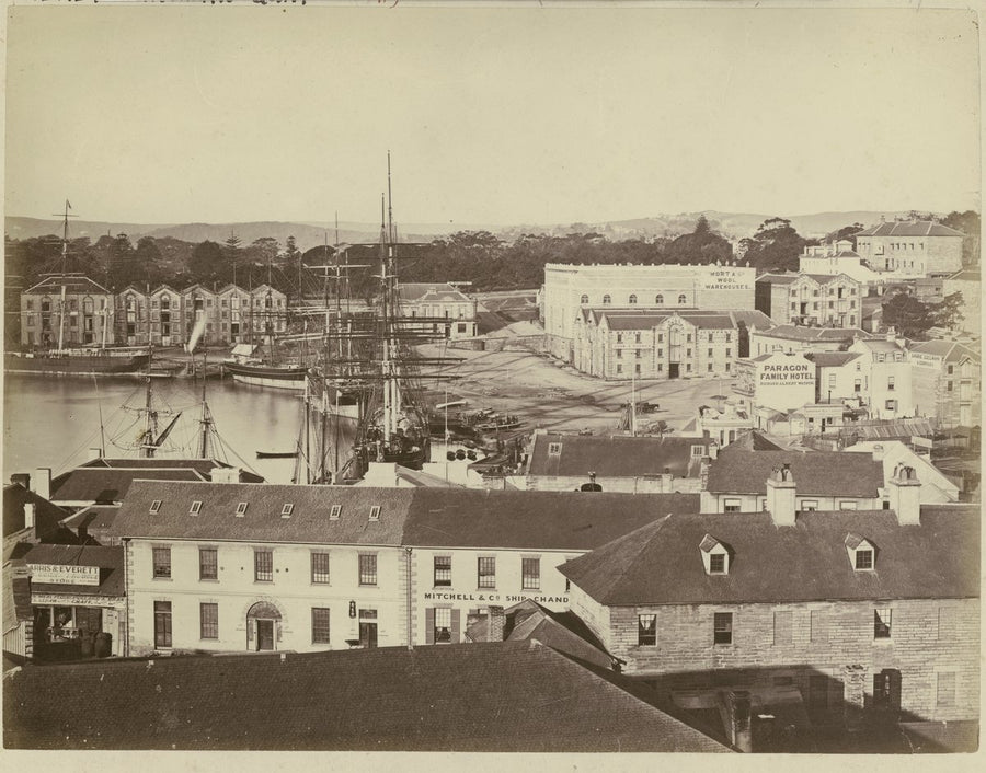Sydney Cove from George Street, with Mort & Co. wool warehouses and shipping — photograph, from Sydney Cove, Sydney, circa 1876