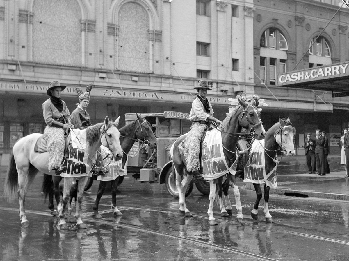 Indian Nation film parade outside the Capitol Theatre — photograph, from Capitol Theatre, circa 1932