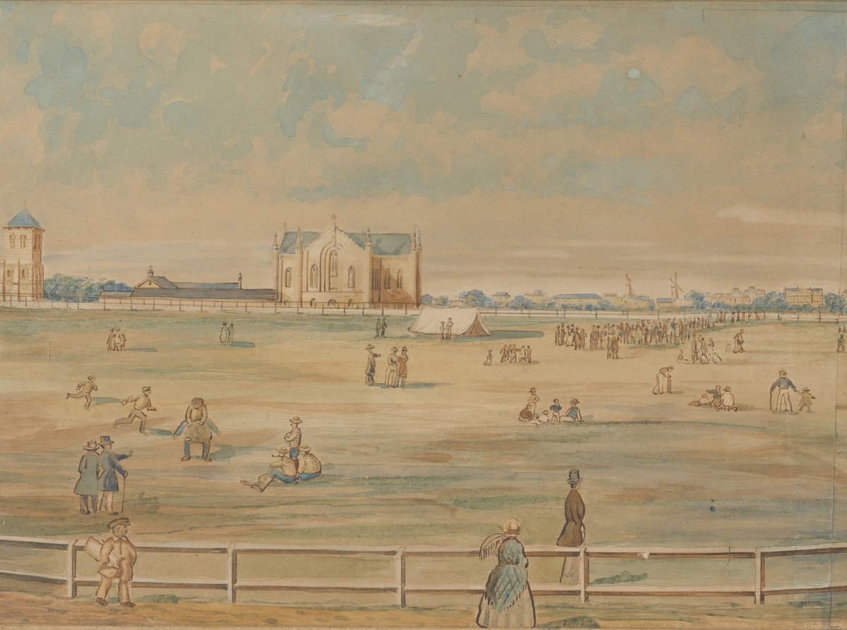 St Mary's Cathedral and campanile across Hyde Park, Sydney, 1842 — photograph, from Hyde Park, circa 1842