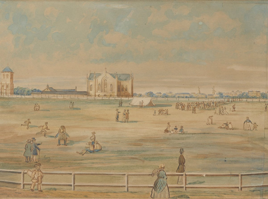 St Mary's Cathedral and campanile across Hyde Park, Sydney, 1842 — photograph, from Hyde Park, circa 1842