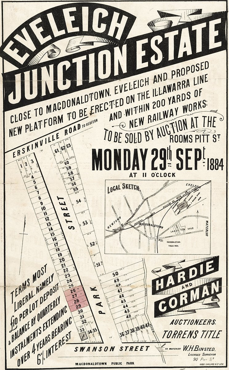 Eveleigh Junction Estate subdivision plan, Macdonaldtown — map, from Eveleigh, 1884