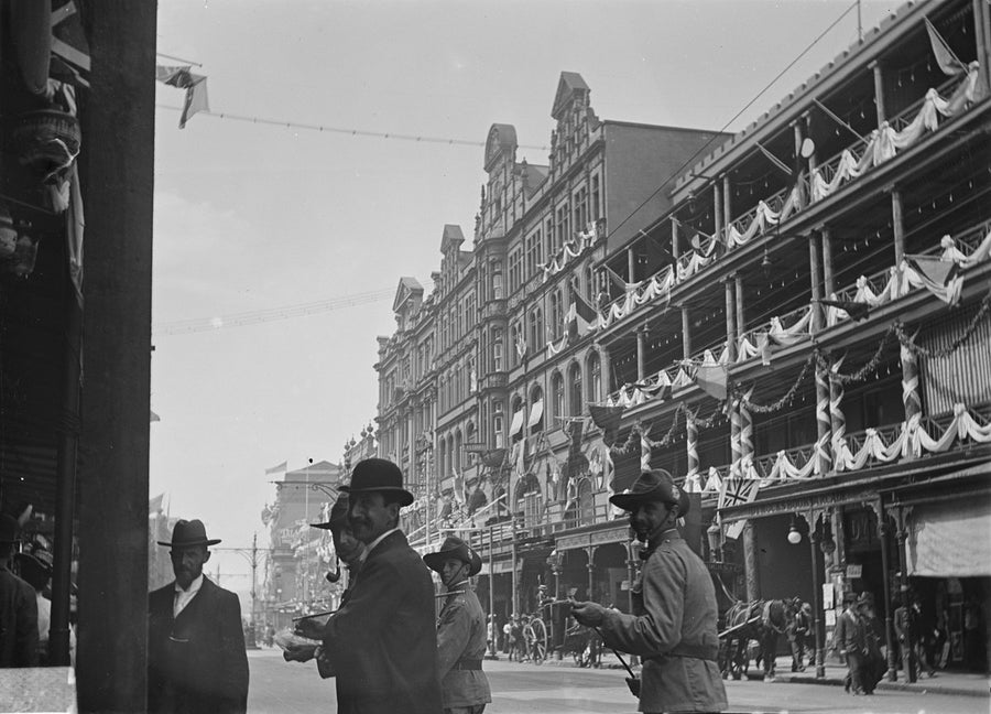 George Street decorated for the Federation celebrations, Sydney, 1901 — photograph, from Dymocks Building, circa 1901