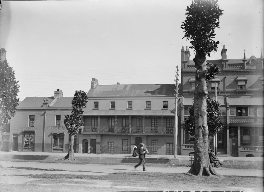 Muller and Freeman shopfronts in a Sydney terrace row — photograph, from Sydney CBD, circa 1900