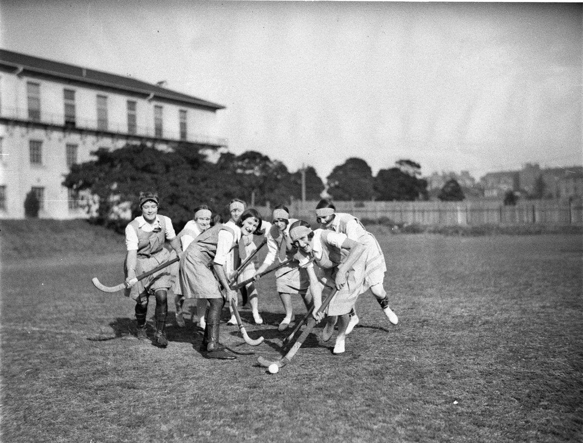 Women's hockey match at the University of Sydney, 1929 — photograph, from Hockey Field, University of Sydney, Camperdown, circa 1929