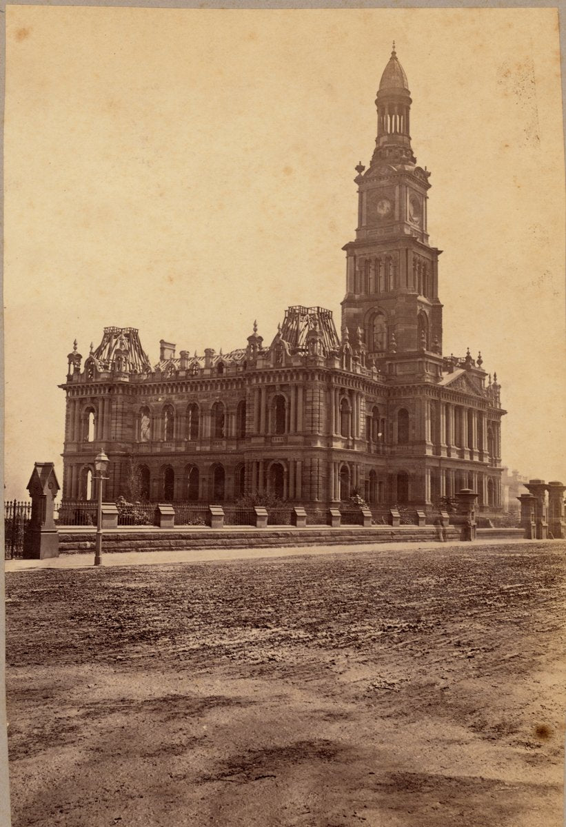 Sydney Town Hall under construction, clock tower complete — photograph, from Sydney Town Hall, George Street, Sydney, circa 1875