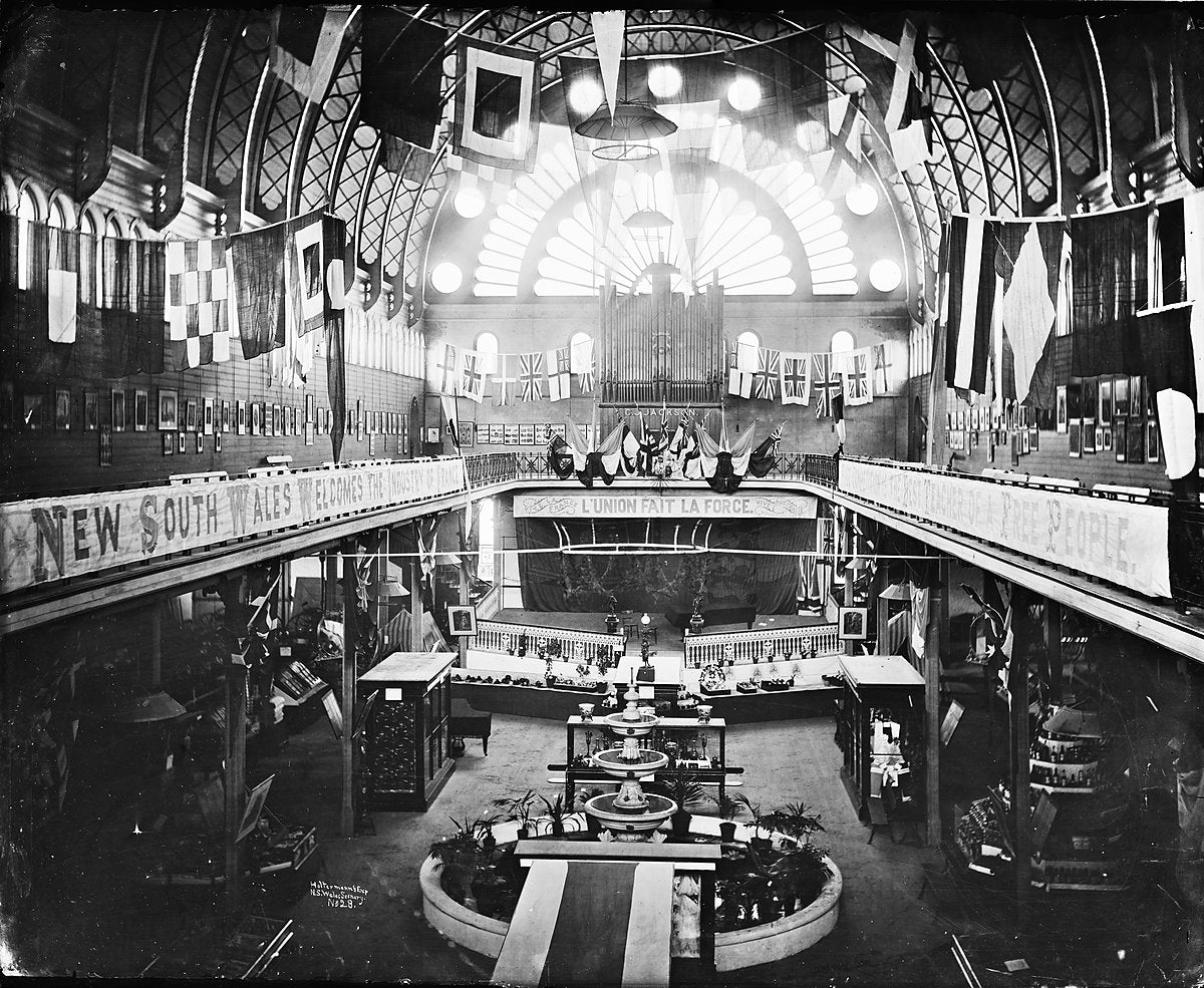 Interior of the Intercolonial Exhibition Building, Prince Alfred Park — photograph, from Prince Alfred Park, 1870–75