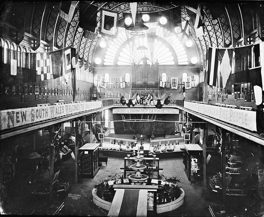 Interior of the Intercolonial Exhibition Building, Prince Alfred Park — photograph, from Prince Alfred Park, 1870–75