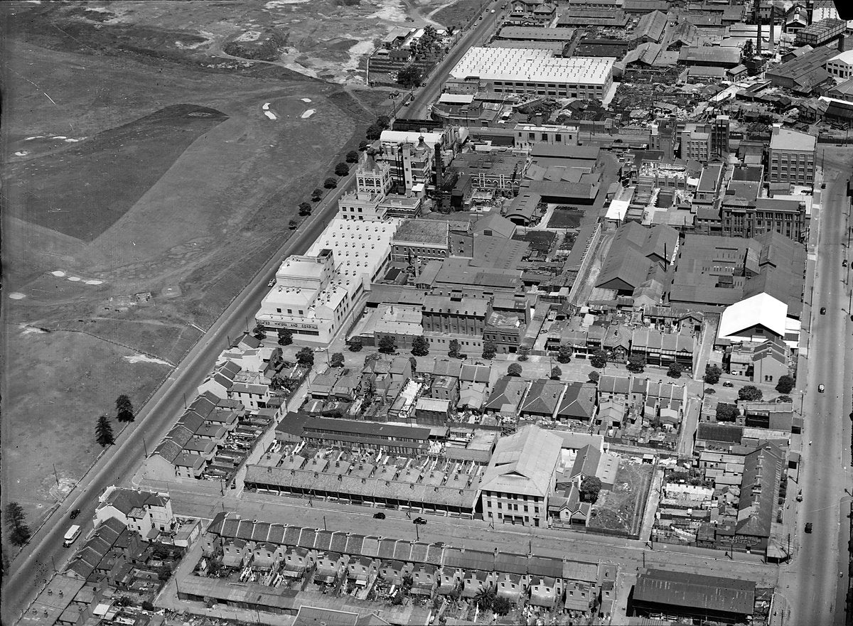 Rosebery factories and open ground from the air — photograph, from Rosebery, c. 1940